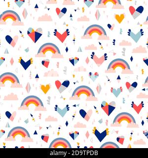 Nahtloses Kindermuster mit Regenbogen und Herzen. Kreative Textur für Stoff, Verpackung, Textil, Tapete, Bekleidung. Vektorgrafik Stock Vektor