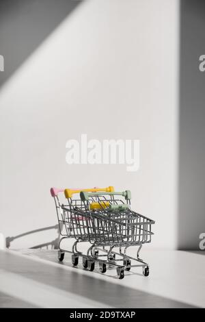Warenkörbe auf weißem Hintergrund isoliert. Sicheres Online-Shopping auf Quarantäne-Konzept. Leere Einkaufswagen mit Kopierplatz im Supermarkt. Sozial Stockfoto