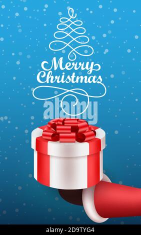 Weihnachten Geschenk Vektor Poster Design. Frohe weihnachten Typografie Text im Winter Hintergrund mit santa claus Holding Geschenk-Element für Weihnachten Geschenk geben. Stock Vektor
