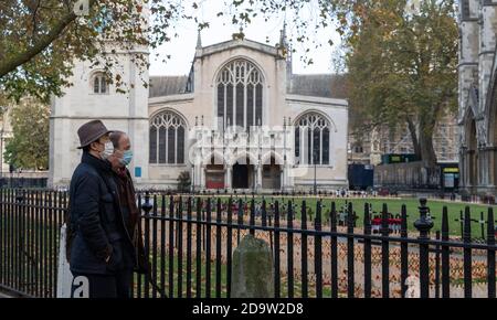 (201108) -- LONDON, 8. November 2020 (Xinhua) -- die Menschen betrachten Mohnblüten und Kreuze auf dem Feld der Erinnerung in Westminster Abbey in London, Großbritannien am 7. November 2020, vor dem Waffenstillstandstag, der das Ende des Ersten Weltkriegs im Jahr 1918 markiert. Hunderte von kleinen Kreuzen mit Mohnblüten wurden im Bereich der Erinnerung gepflanzt, um britischen Soldaten und Frauen, die in Konflikten ihr Leben verloren haben, Tribut zu zollen. (Xinhua/Han Yan) Stockfoto