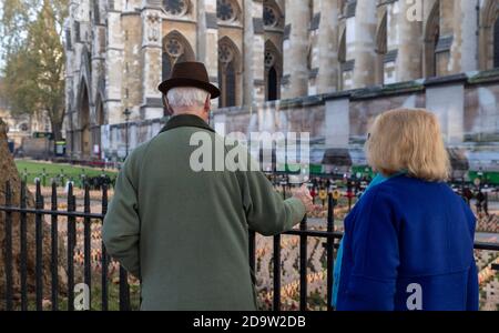 (201108) -- LONDON, 8. November 2020 (Xinhua) -- die Menschen betrachten Mohnblüten und Kreuze auf dem Feld der Erinnerung in Westminster Abbey in London, Großbritannien am 7. November 2020, vor dem Waffenstillstandstag, der das Ende des Ersten Weltkriegs im Jahr 1918 markiert. Hunderte von kleinen Kreuzen mit Mohnblüten wurden im Bereich der Erinnerung gepflanzt, um britischen Soldaten und Frauen, die in Konflikten ihr Leben verloren haben, Tribut zu zollen. (Xinhua/Han Yan) Stockfoto