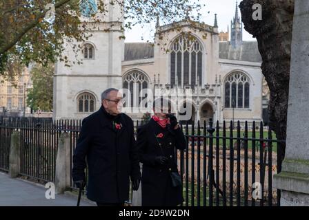 (201108) -- LONDON, 8. November 2020 (Xinhua) -- am 7. November 2020, vor dem Waffenstillstandstag, der das Ende des Ersten Weltkriegs 1918 markiert, gehen Menschen am Feld der Erinnerung an die Mohnblüten und Kreuze der Westminster Abbey in London vorbei. Hunderte von kleinen Kreuzen mit Mohnblüten wurden im Bereich der Erinnerung gepflanzt, um britischen Soldaten und Frauen, die in Konflikten ihr Leben verloren haben, Tribut zu zollen. (Xinhua/Han Yan) Stockfoto