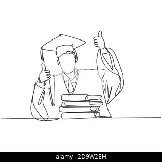 Eine Linie Zeichnung von jungen glücklich Graduate männlichen College-Student Tragen Graduierung Uniform und geben Daumen nach oben Geste vorne Der Bücher stapeln Stock Vektor