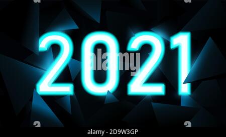 Frohes neues Jahr. 2021 Text in Neonlicht mit Dreiecke Technologie Hi-tech futuristischer digitaler Hintergrund. Vektorgrafik Stock Vektor
