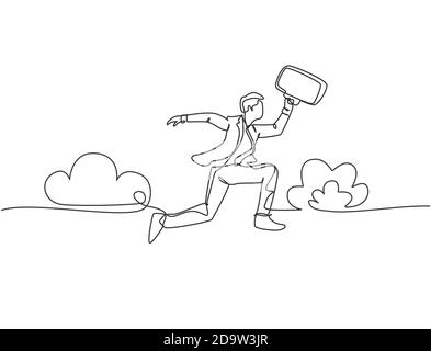 Eine Zeile Zeichnung von jungen glücklich und energisch Geschäftsmann trägt eine Aktentasche springen über die Wolke. Konzept der geschäftlichen Agilität. Kontinuierliche Linienziehung Stock Vektor