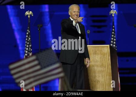 Wilmington, Usa. November 2020. Der designierte Präsident Joe Biden spricht am Samstag, den 7. November 2020 im Chase Center in Wilmington, Delaware. Biden besiegte Präsident Donald Trump, um 46. Präsident der Vereinigten Staaten zu werden. Pool Foto von Andrew Harnik/UPI Kredit: UPI/Alamy Live Nachrichten Stockfoto