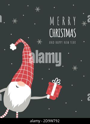 Weihnachtskarte mit niedlichen nordischen Gnome in rotem Hut mit Geschenk. Frohe weihnachten und Frohes neues Jahr. Stock Vektor