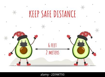 Behalte die soziale Distanz zu Weihnachten. Niedliche Avocados tragen eine schützende Gesichtsmasken von Coronavirus. Stock Vektor