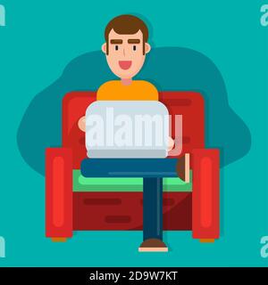 Der Mann, der auf dem Sofa mit dem Laptop sitzt Arbeit von zu Hause Konzept Vektor Illustration Stock Vektor