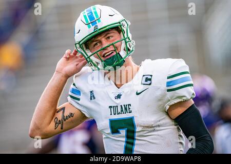 Tulane Green Wave Quarterback Michael Pratt (7) während des NCAA College Football Spiels zwischen Tulane und ECU am Samstag, 7. November 2020 im Dowdy-Ficklen Stadium in Greenville, NC. Jacob Kupferman/CSM Stockfoto