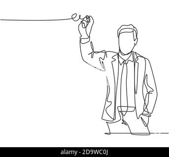 Eine fortlaufende Linienzeichnung des jungen glücklichen männlichen Managers gibt kurze Einweisung und schreibt sie auf Glasplatten mit Marker auf. Business Brief Konzept Stock Vektor
