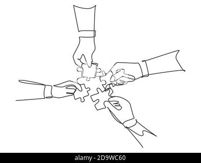 Eine einzelne fortlaufende Linienzeichnung der Mitglieder des Geschäftsteams vereint Puzzleteile zu einem Symbol für die Teambildung. Teamwork-Konzept der Mitarbeiter Stock Vektor