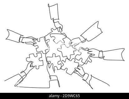 Eine durchgehende Linienzeichnung von männlichen und weiblichen Business-Team-Mitgliedern vereinen Puzzleteile zu einem Team Building Symbol. Teamarbeit der Mitarbeiter Stock Vektor