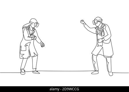 Einzelne kontinuierliche Linie Zeichnung von jungen männlichen und weiblichen Arzt bereit, sich gegenseitig zu schlagen, während das Spiel Simulation. Virtual-Reality-Game-Spieler Stock Vektor