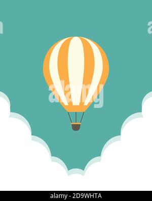 Orange Heißluftballon fliegen in den blauen Himmel mit Wolken. Flache Cartoon Hintergrund. Vektorhintergrund. Stock Vektor