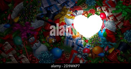 Weihnachtszeit Liebe und Wintersaison Feier oder Neujahr Symbol als Weihnachtsdekorationen als Herz mit Kopie Raum als 3D-Render geformt. Stockfoto