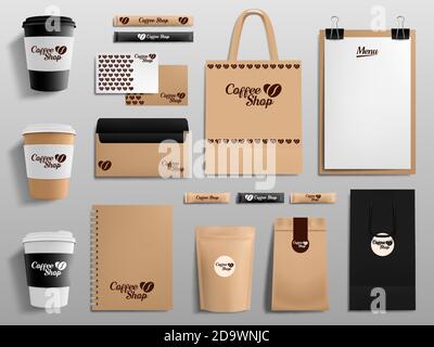 Realistische Coffee-Shop-Modelle. Café, Restaurant Corporate Identity, Tasse, Umschlag, Menü und Paket Vorlagen Vektor Illustration Set Stock Vektor