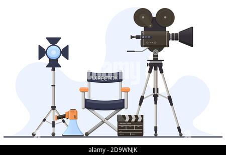 Filmsets für Regisseurin. Filmkamera, Regiestuhl, Megaphon und Klappbrett, Filmregisseur Kinokonzept. Vektorgrafik Filmproduktion Stock Vektor