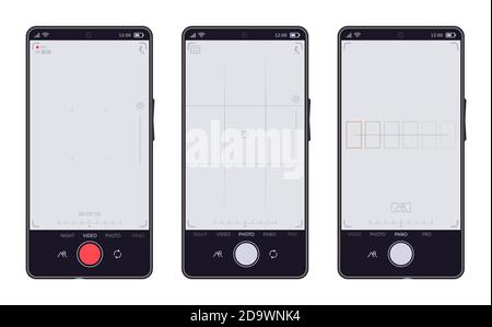Smartphone-Kamera-Schnittstelle. Handy-Video- und Foto-App, mobile Sucher-Bildschirme. Vektorsymbole für die Anzeige der Telefonkamera eingestellt Stock Vektor