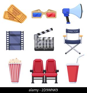 Kino-Elemente. Filmproduktion und Kinobranche, Tickets, 3d-Brillen, Popcorn und Filmklapboard. Kino Objekte Vektor-Illustrationen Stock Vektor