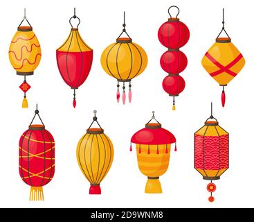 Asiatische Laternen. Chinesische traditionelle rote Papierlampen, japanische oder chinesische Straßendekoration. Orientalische Festival Laternen isoliert Vektor-Symbole Stock Vektor