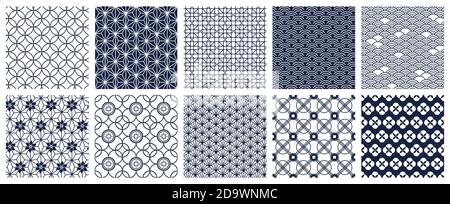 Japanische geometrische Muster. Nahtloses orientalisches Dekomuster, geometrisches Ornamentmuster. Traditionelle asiatische Motive Vektor Hintergrund gesetzt Stock Vektor