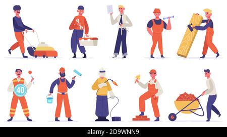 Bauingenieur-Figuren. Bauarbeiter, Bauarbeiter, Techniker in Uniform. Vektor-Illustrationssatz für Arbeitsgruppenarbeiter Stock Vektor