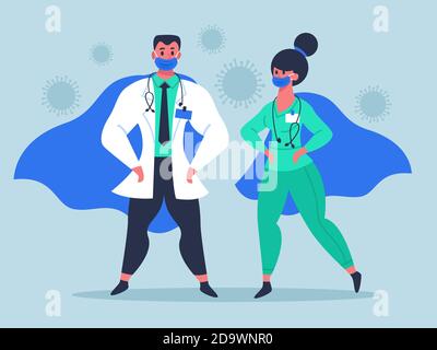 Superhelden des Arztes. Super Arzt Zeichen in medizinischen Masken und winkende Umhänge, weibliche und männliche Ärzte Helden isoliert Vektor-Illustration Stock Vektor