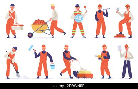 Bauarbeiter. Techniker Arbeiter Charakter, Baumeister, Bauhandwerker arbeiten. Konstruktionsingenieur Vektor-Illustrationen Stock Vektor