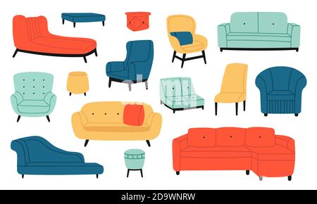 Sessel und Sofas. Moderne komfortable weiche Möbel, Couch, Sofa, Hocker und Stuhl. Wohnzimmer Innendekoration Vektor Illustration Set Stock Vektor