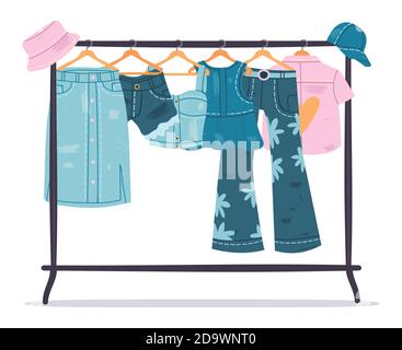 Denim-Bekleidung. Jeans Kleidungsstücke hängen auf Kleiderbügel, trendige Casual Baumwolle Kleidung. Stilvolle Denim Kleiderschrank Vektor-Symbole Set Stock Vektor