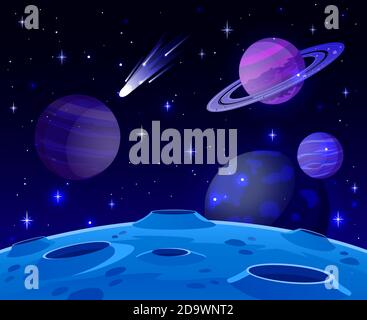 Cartoon-Landschaft im Weltraum. Kosmische Planetenoberfläche, futuristische Himmelskörper Landschaft, Galaxiensterne und Kometen Ansicht Vektor Hintergrund Illustration Stock Vektor