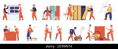 Bauarbeiter. Professionelle Ingenieure, Bauherren, Maurer, Zimmermann und Handwerker arbeiten. Vektorgrafik für Techniker Stock Vektor