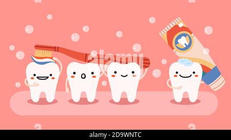 Niedliche Zahnhygiene. Lächelnd, glücklich Zähne Maskottchen mit Zahnbürste und Zahnpasta, Zahn Zahnmedizin isoliert Vektor-Illustration Stock Vektor