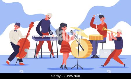 Jazz-Band-Konzert. Musikband Musiker singen und spielen Gitarre und Schlagzeug und Bass, moderne Jazz-Team. Abbildung der Rockband-Performance-Vektor Stock Vektor