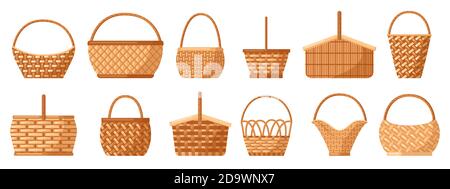 Korbkörbe. Picknick Weidenkörbe, leere Strohkörbe, dekorative Weidenkörbe mit Griff. Picknickkörbe Vektor Illustration Set Stock Vektor