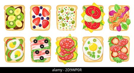 Leckeres Frühstück. Gebratenes Brot mit Eiern, Avocado, Käse, Fisch und Obst, gesundes leckeres Sandwich, geröstetes Brot Vektor-Illustration-Set Stock Vektor