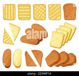 Cartoon-Toasts. Frühstück getoastetes Brot, Scheiben von Brötchen, Gebäck Weizen Backwaren. Brotscheiben und Toasts isolierte Vektor-Illustrationsset Stock Vektor