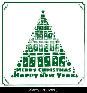 Frohe Weihnachten und ein Frohes neues Jahr. Dekorierter stilisierter weihnachtsbaum mit Geschenkschachteln, Leuchten, Deko-Kugeln und Lampen. Vektordarstellung in Stock Vektor