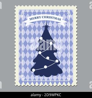 Frohe Weihnachten Retro Briefmarke mit Weihnachtsbaum. Vektordarstellung isoliert Stock Vektor