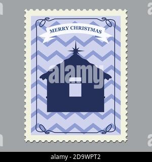 Frohe Weihnachten Retro Briefmarke mit weihnachtshütte. Vektordarstellung isoliert Stock Vektor