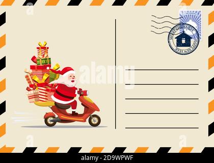 Weihnachts- und Neujahrspostkarte mit Briefmarken und Stempel. Scooter Weihnachtsmann als Fahrer, der Geschenke liefert. Flache Cartoon Stil Vektor Illustration Stock Vektor