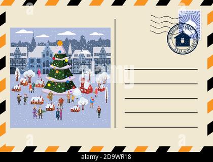 Weihnachts- und Neujahrspostkarte mit Briefmarken und Stempel. Nacht x Masse Baum Markt Altstadt. Flache Cartoon Stil Vektor Illustration Grußkarte Stock Vektor