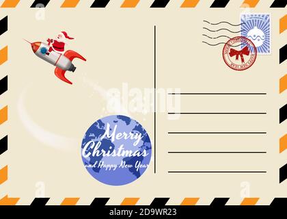 Weihnachts- und Neujahrspostkarte mit Briefmarken und Stempel. Santa Claus Rocket fliegt durch den Nachthimmel über der Erde. Flache Cartoon Stil Vektor Stock Vektor