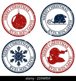 Frohe Weihnachten Frohes Neues Jahr Set Dirty Post Stempel Icon Isoliert auf weißem Vektor Stock Vektor