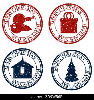 Frohe Weihnachten Frohes Neues Jahr Set Dirty Post Stempel Icon Isoliert auf weißem Vektor Stock Vektor