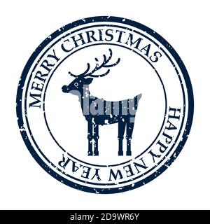 Frohe Weihnachten Frohes Neues Jahr grunge schmutzige Post Stempel Hirsch Symbol auf weißem Vektor isoliert Stock Vektor
