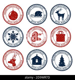 Frohe Weihnachten Frohes Neues Jahr Set Dirty Post Stempel Icon Isoliert auf weißem Vektor Stock Vektor