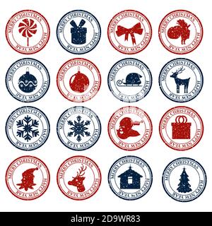 Frohe Weihnachten Frohes Neues Jahr Set Dirty Post Stempel Icon Isoliert auf weißem Vektor Stock Vektor