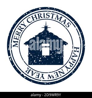 Frohe Weihnachten Frohes Neues Jahr grunge schmutzige Briefmarkenhütte Symbol auf weißem Vektor isoliert Stock Vektor
